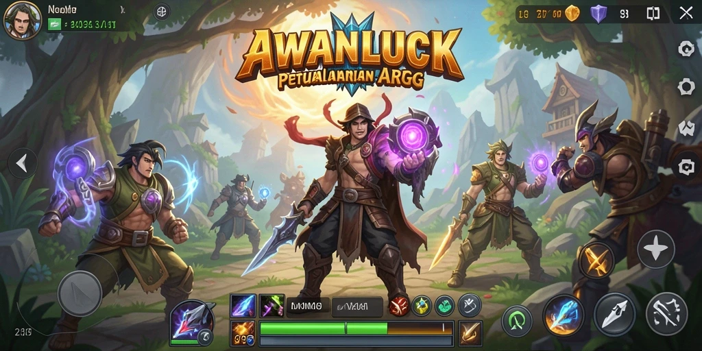 Screenshot gameplay AWANLUCK menampilkan pertarungan seru dan karakter heroik.