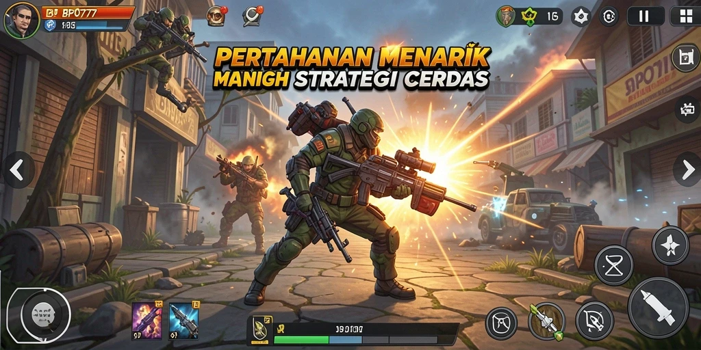 Screenshot gameplay Tower Defense BPO777 dengan menara dan musuh di medan perang.