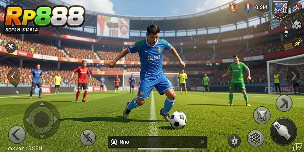 Tampilan gameplay RP888 dengan aksi sepak bola intens.