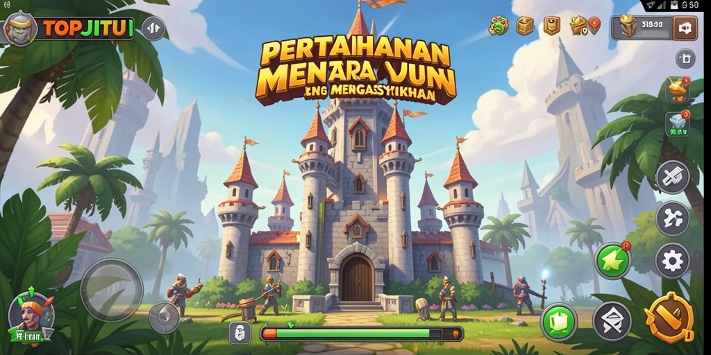 Gameplay mendebarkan dari TOPJITU dengan menara dan musuh yang menantang.
