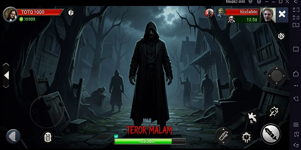 Screenshot gameplay TOTO1000 yang menampilkan suasana horor yang mencekam.