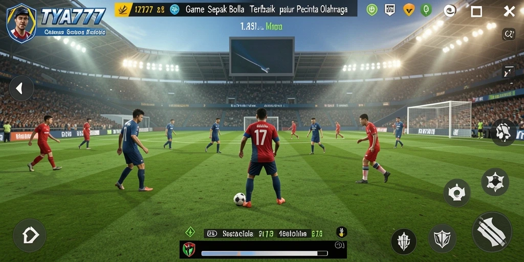 Screenshot gameplay TYA777 menampilkan aksi seru di lapangan sepak bola.